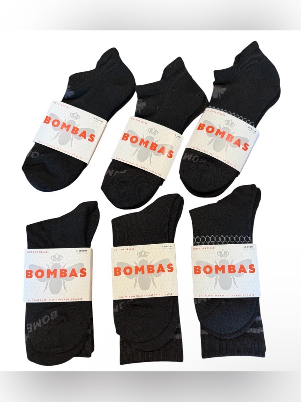Bombas Unisex Size M Black Mixed No-Show & Crew Socks - 6 Pack BUNDLE NWT